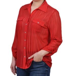 NY Collection Red 3/4 Sleeve Button Down Shirt